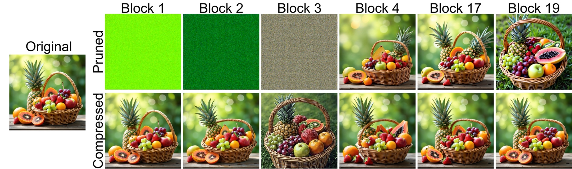 Generated images after probing double-stream blocks with pruning (top row) versus truncated SVD (bottom row). The pruned outputs are severely degraded or destroyed; the SVD outputs stay close to the original.