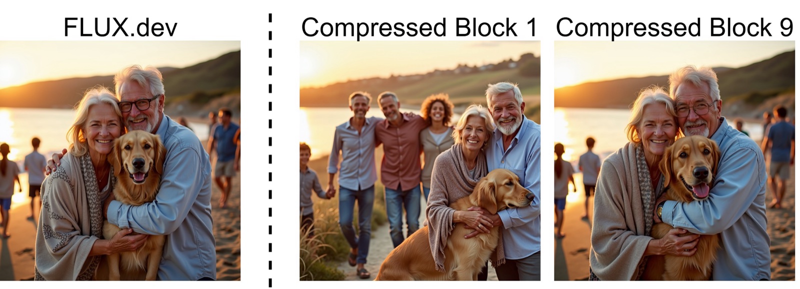 Two image pairs showing that compressing a block can change pose and appearance without reducing image quality.