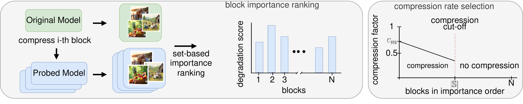 Method overview. Left: each of the N blocks is compressed individually to produce N probed models, each generating a set of images which is compared against the original model's set to rank block importance. Right: the ranking maps to a linearly decreasing compression schedule with a cut-off.