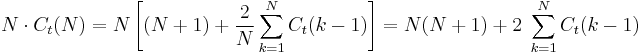 
N \cdot C_t(N) = N \left[ (N+1) + \frac{2}{N} \sum_{k=1}^{N} C_t(k-1) \right] = N (N+1) + 2\; \sum_{k=1}^{N} C_t(k-1)