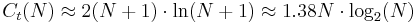 C_t(N)\approx 2 (N+1) \cdot\ln(N+1) \approx 1.38 N\cdot\log_2(N)
