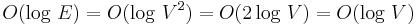 O(\log\,E)=O(\log\,V^2)=O(2\log\,V)=O(\log\,V)